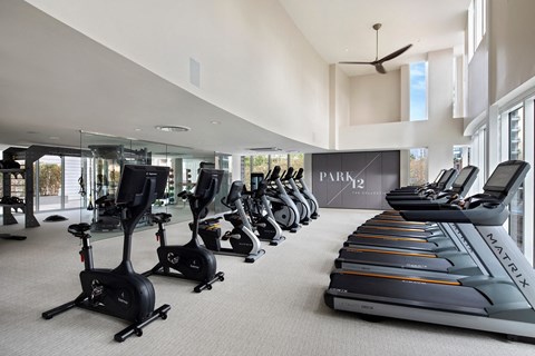 A gym with a row of treadmilers and elliptical machines.