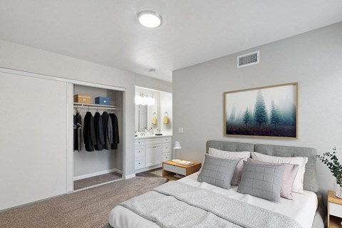 a bedroom with a bed and a closet