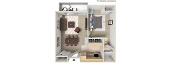 A 3D illustration of a small apartment layout with a living room, kitchen, and bedroom.
