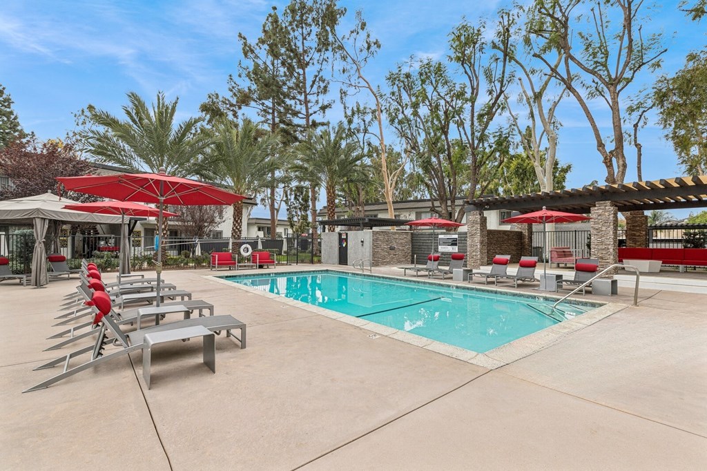 A pool area with red umbrellas and lounge chairs.