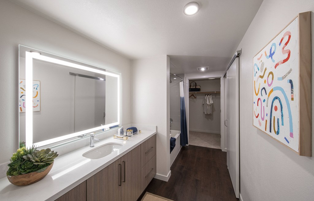 a bathroom with a large mirror and a sink