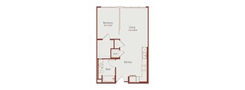 A floor plan of a small apartment with a bedroom, living room, kitchen, and bathroom.