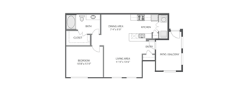 A floor plan of a house with a bedroom, bathroom, dining area, kitchen, living area, and closet.