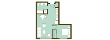 A floor plan of a house with a kitchen, living room, and bathroom.