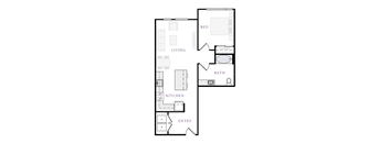 A floor plan of a house with a living room, kitchen, bathroom, and bedrooms.