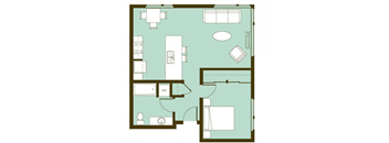 A floor plan of a house with a kitchen, living room, and two bedrooms.