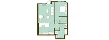 A floor plan of a house with a kitchen, living room, and two bedrooms.