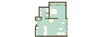 A floor plan of a house with a kitchen, living room, and two bedrooms.