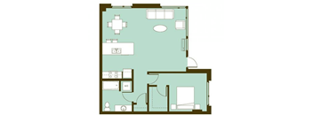 A floor plan of a house with a kitchen, living room, and two bedrooms.