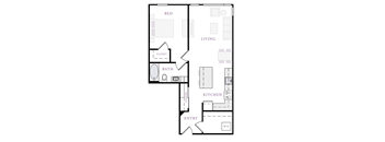 A floor plan of a small apartment with a bed, bath, kitchen, and living room.