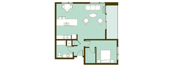 A floor plan of a house with a kitchen, living room, and bedrooms.