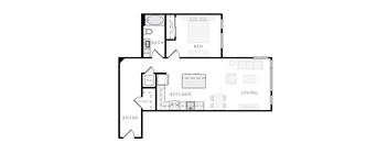 A floor plan of a house with a living room, kitchen, bedroom, and bathroom.