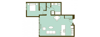 A floor plan of a house with a kitchen, living room, and two bedrooms.