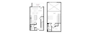 A floor plan of a house with a shared deck and a bedroom.