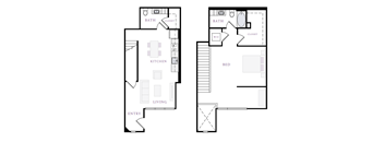 A floor plan of a house with a kitchen, living room, bedroom, and bathroom.
