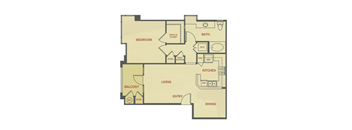 A floor plan of a house with a bedroom, bath, kitchen, dining area, living room, balcony, and entry.