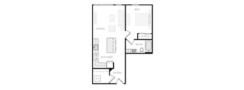 A floor plan of a small apartment with a living room, kitchen, bedroom, bathroom, and closet.