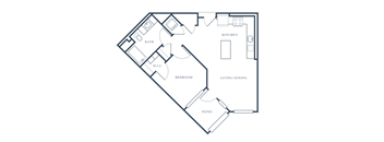 A floor plan of a house with a kitchen, living/dining area, bedroom, bathroom, and patio.