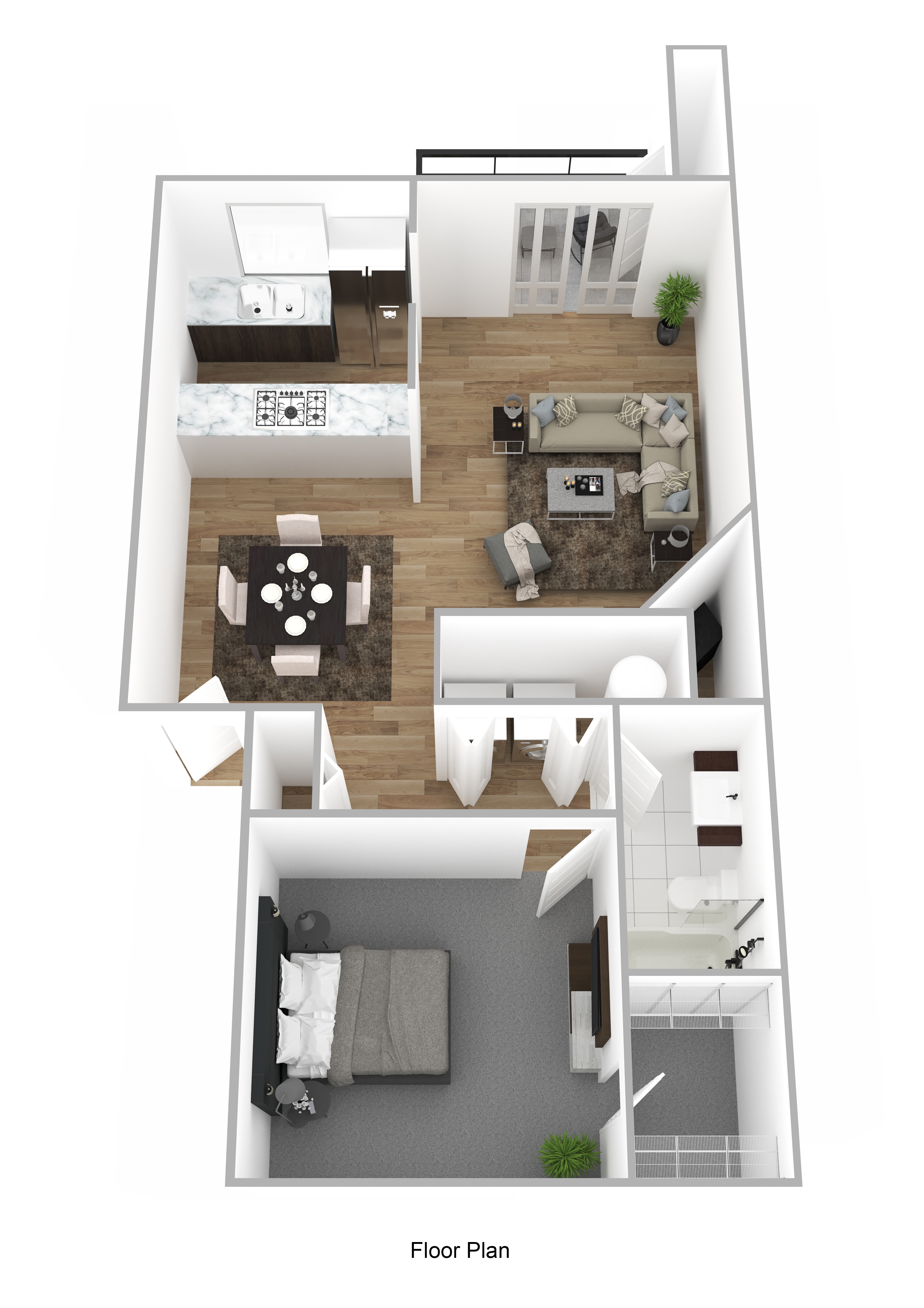 A floor plan of a two-story apartment with a living room, dining room, kitchen, and bedrooms.