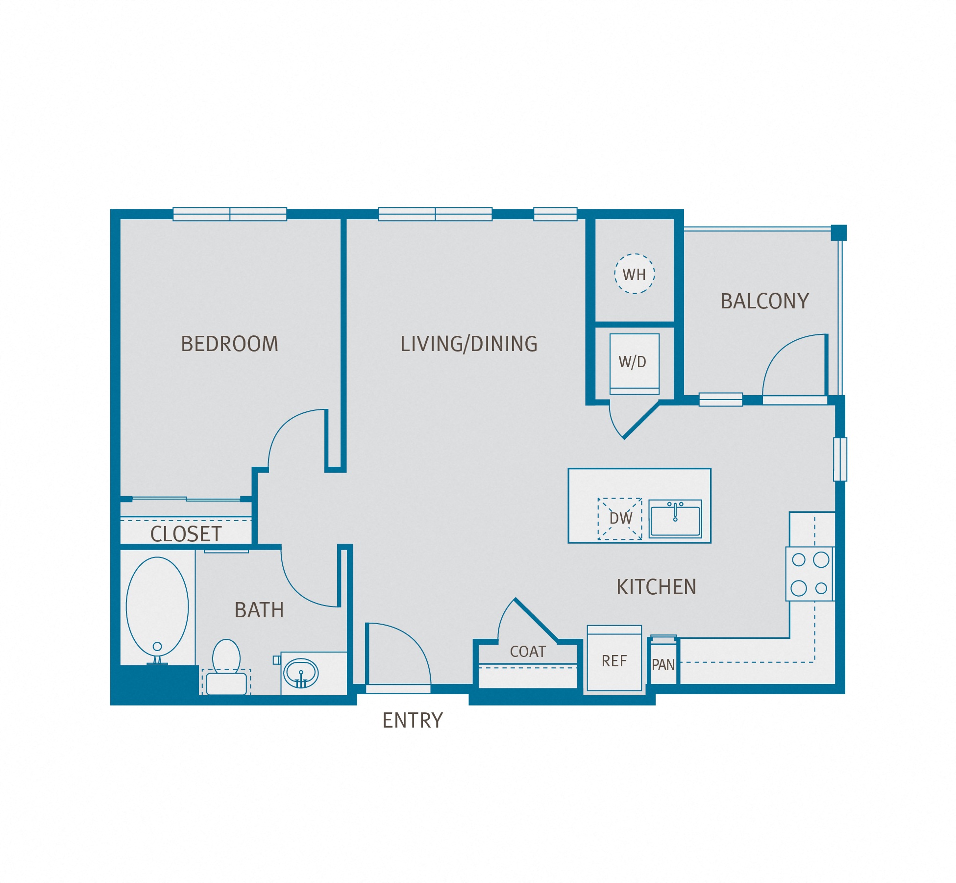 a floor plan of a bedroom floor plan with an open concept living room and kitchen