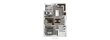 A floor plan of a small apartment with a bedroom, living room, and kitchen.