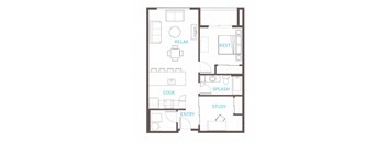 one bedroom, one bath, plus den A25 floor plan at Vue 22 Apartments