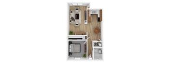 a stylized floor plan with a bedroom and a living room