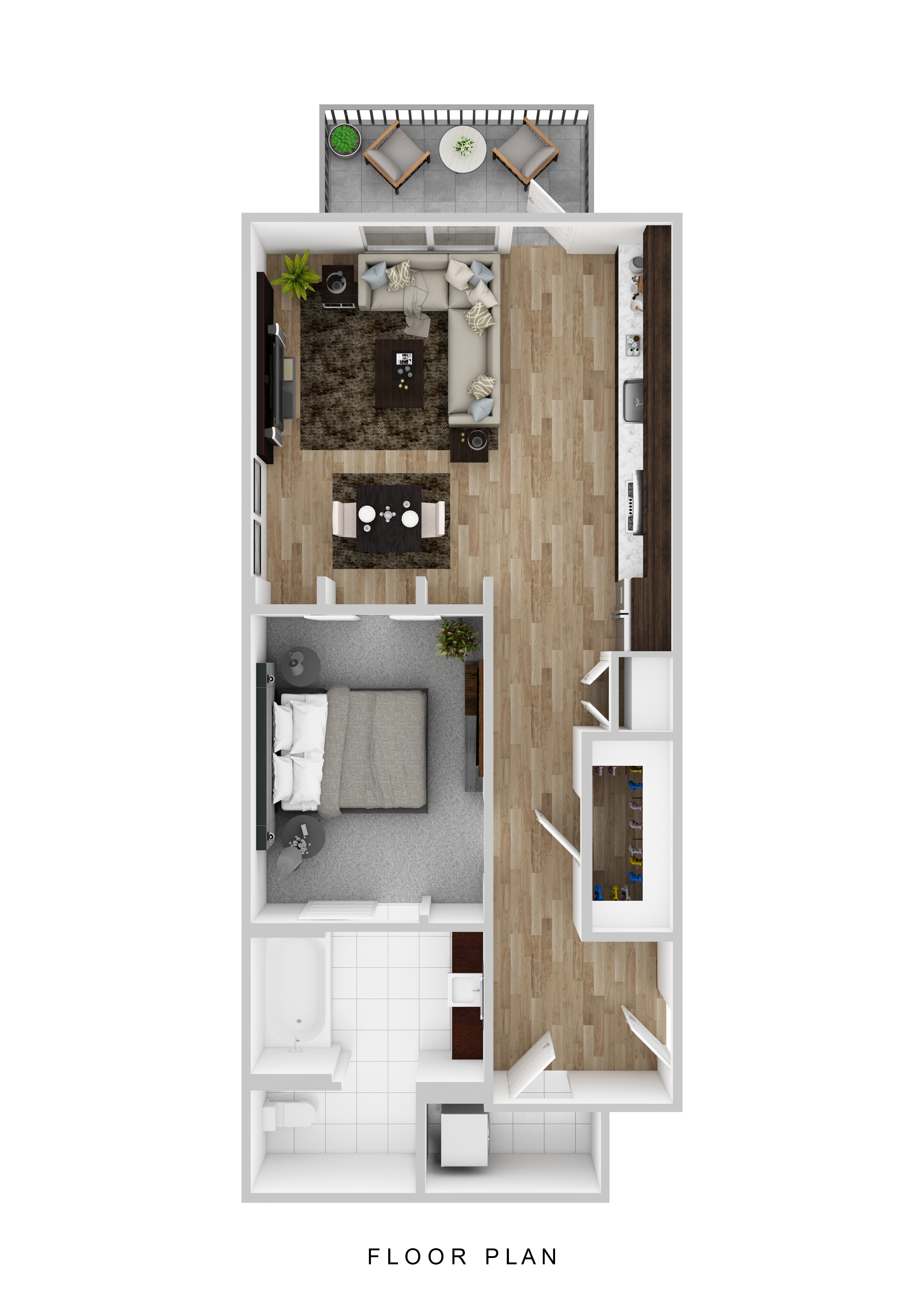 A floor plan of a small apartment with a kitchen, living room, and bathroom.