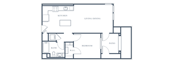 A floor plan of a house with a kitchen, living/dining area, bedroom, bathroom, and patio.