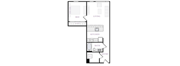 A floor plan of a small apartment with a bed, a living room, a kitchen, a bathroom, and an entry way.