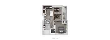 A floor plan of a small apartment with a living room, kitchen, and bathroom.