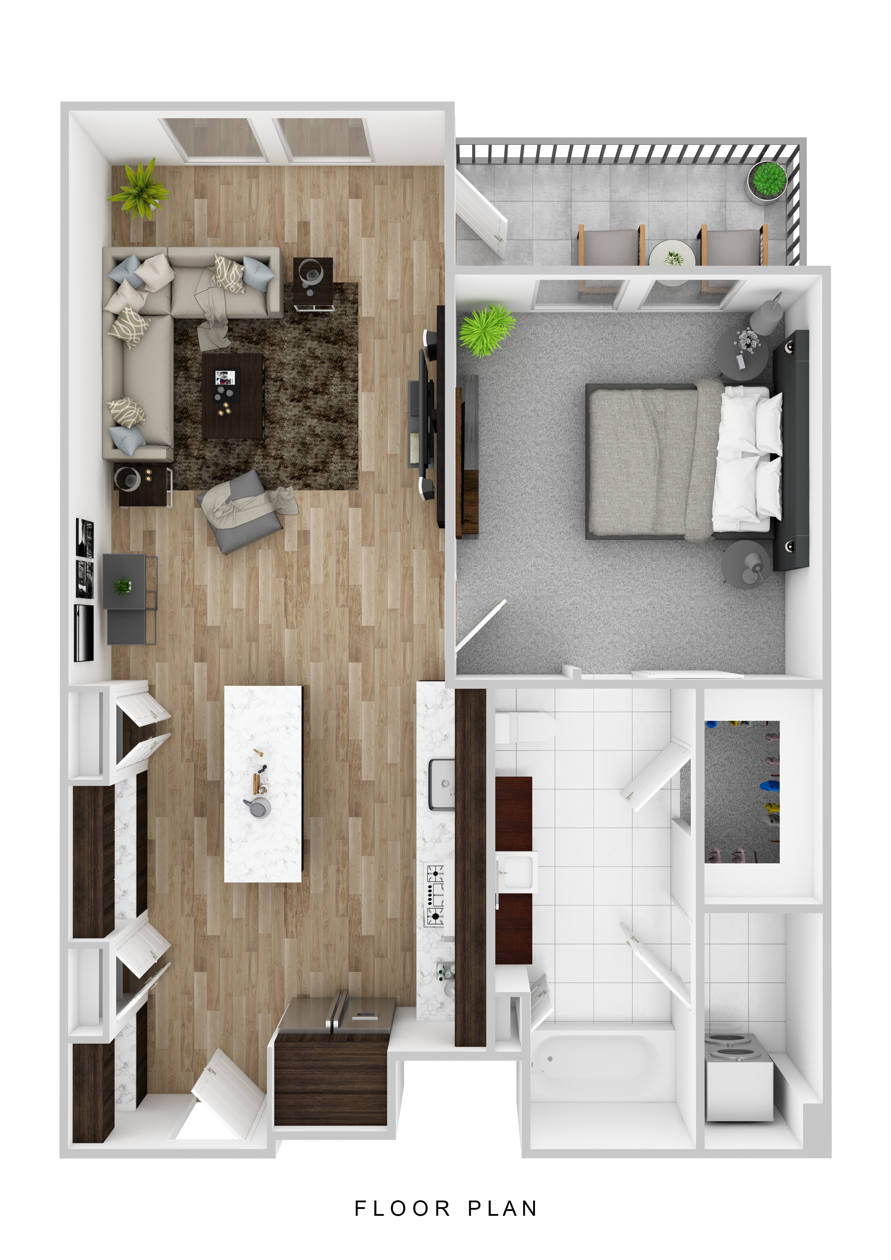 A floor plan of a small apartment with a living room, kitchen, and bathroom.