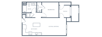 A floor plan of a house with a living room, dining room, kitchen, bedroom, and bathroom.