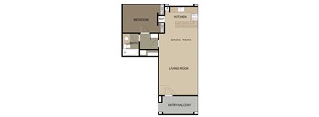 A floor plan of an apartment with a bedroom, a living room, a dining room, a kitchen, and an entry/balcony.