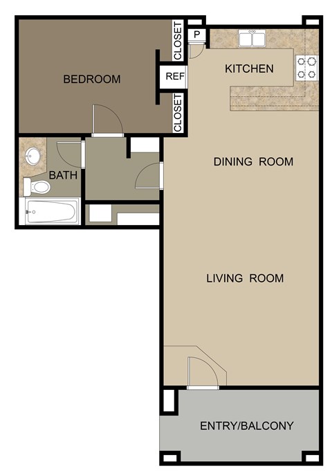 A floor plan of an apartment with a bedroom, a living room, a dining room, a kitchen, and an entry/balcony.