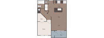 A floor plan of a house with a kitchen, dining area, and living room.