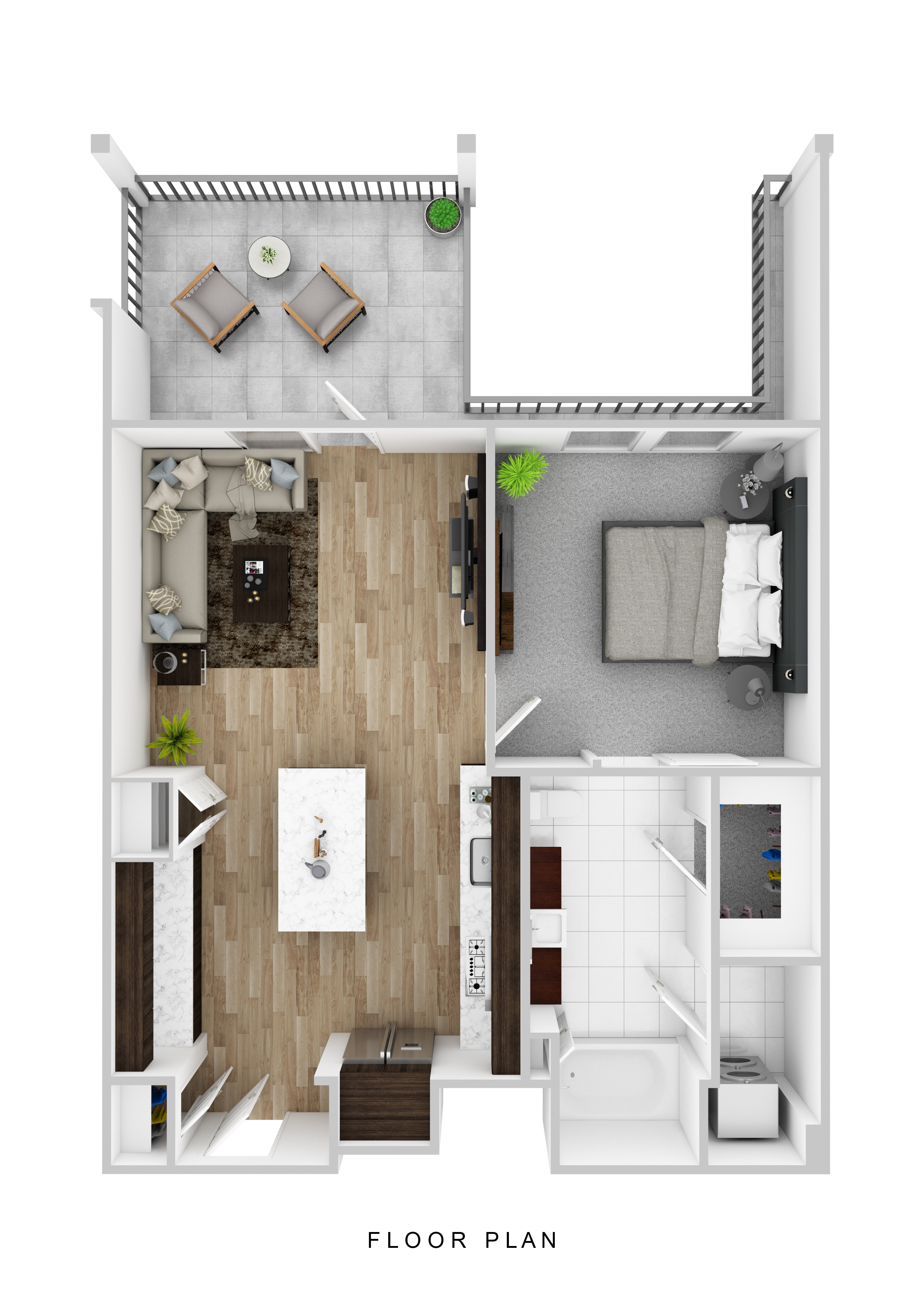 A floor plan of a small apartment with a kitchen, living room, and bathroom.