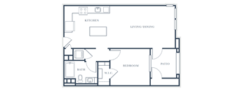 A floor plan of a house with labeled rooms such as kitchen, living/dining, bath, bedroom, and patio.