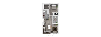 A floor plan of a small apartment with a kitchen, living room, and bathroom.