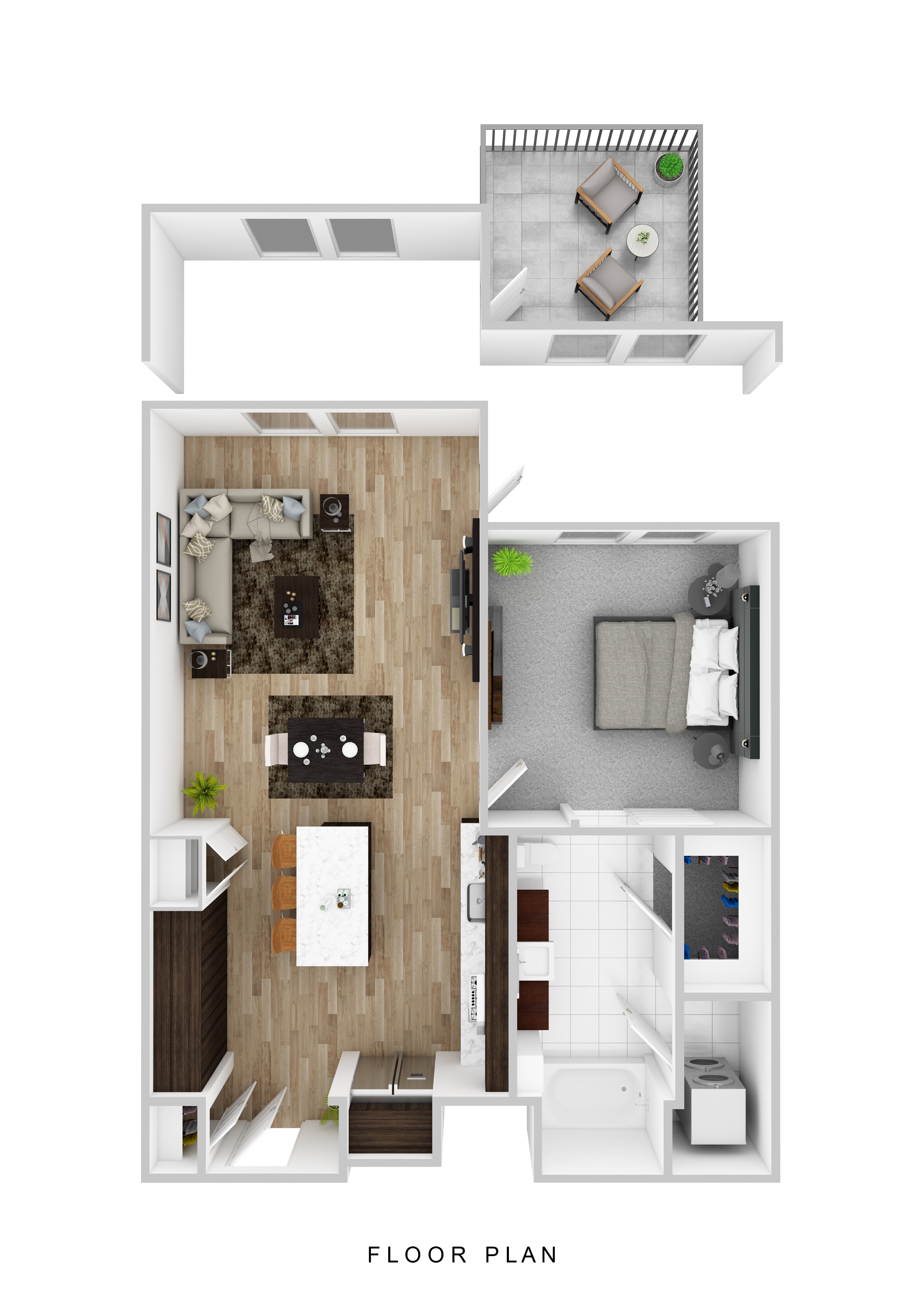 A floor plan of a small apartment with a kitchen, living room, and bathroom.