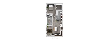 A floor plan of a small apartment with a living room, kitchen, and two bedrooms.