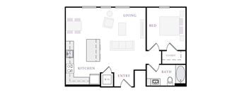 A floor plan of a living space with a kitchen, bathroom, and bedroom.