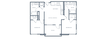A floor plan of a house with two bedrooms, a living/dining area, a kitchen, a patio, and two bathrooms.