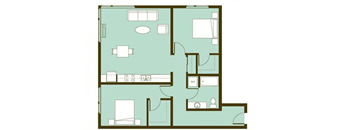 A floor plan of a house with a kitchen, living room, and two bedrooms.