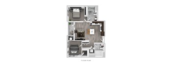 A floor plan of a small apartment with a living room, kitchen, and bedroom.