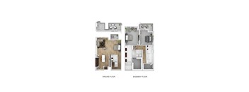A floor plan of a house with a ground floor and basement floor.