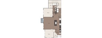 A floor plan of a kitchen with a layout that includes a refrigerator, oven, sink, and cabinets.