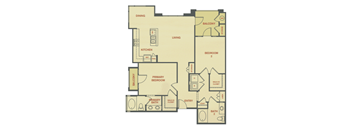 A floor plan of a house with a living room, dining room, kitchen, two bedrooms, two bathrooms, a balcony, and a walk-in closet.