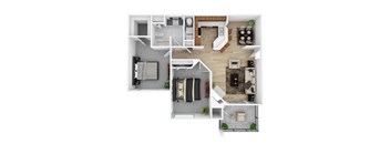 A top-down view of a small apartment with a kitchen, living room, and bedroom.