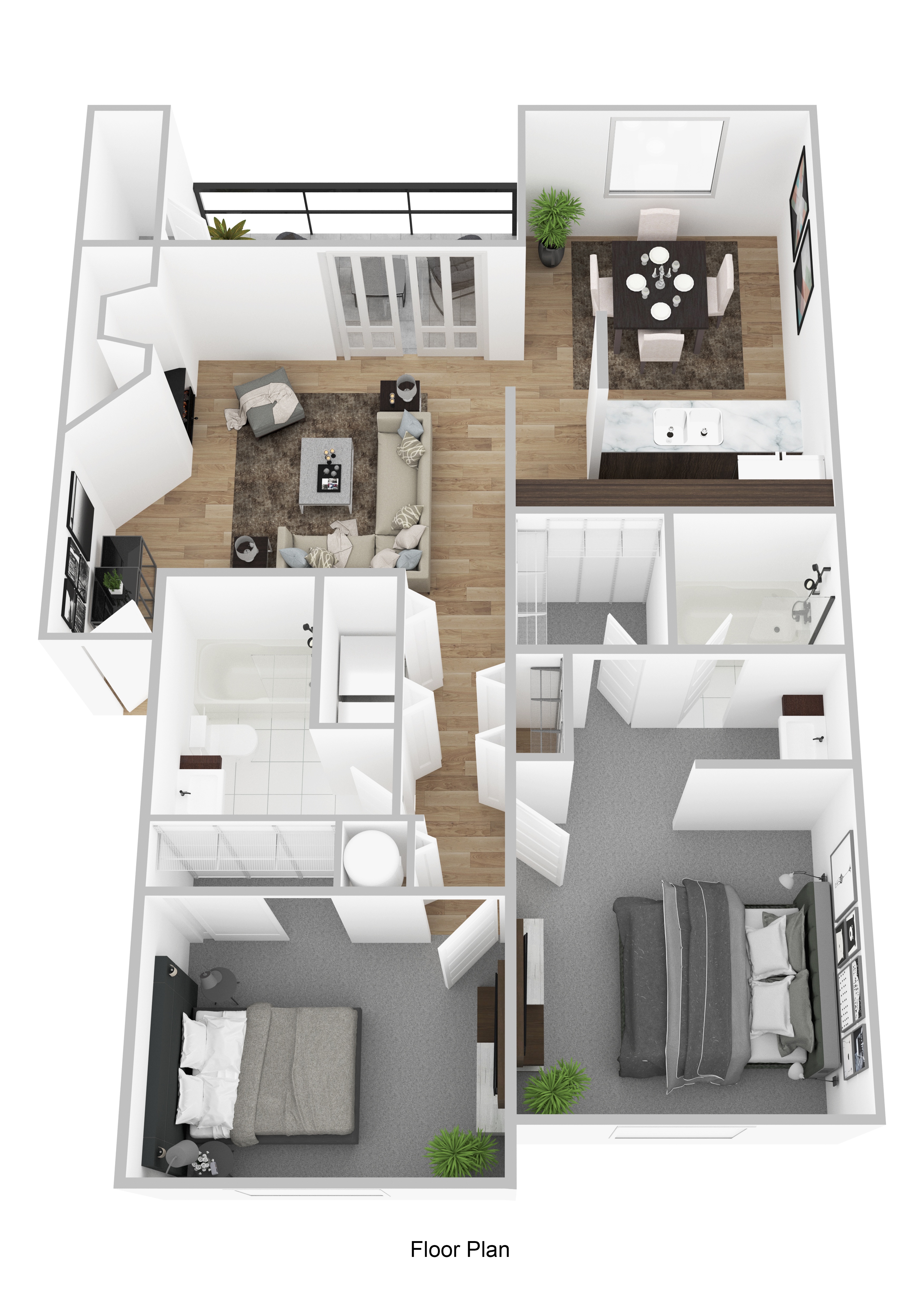 A floor plan of a house with a living room, dining room, kitchen, and two bedrooms.